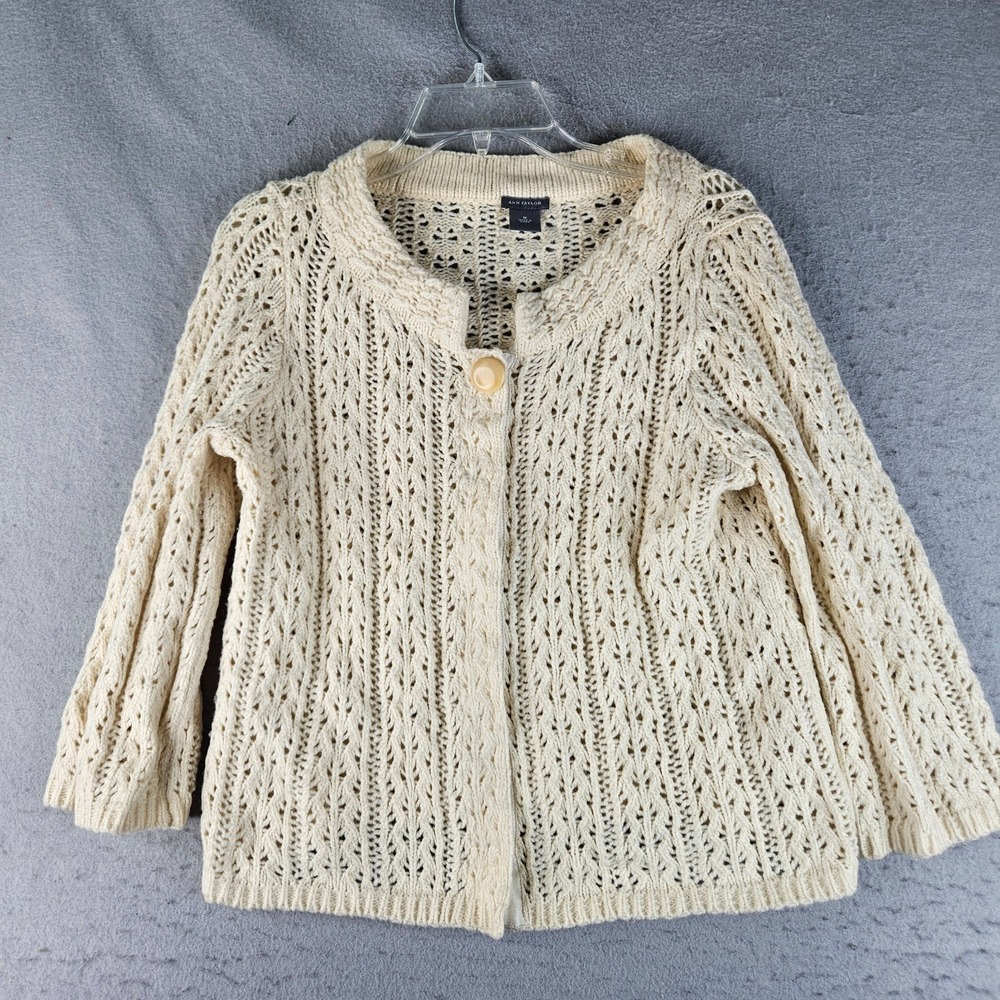 Ann Taylor Wool Blend Sweater Womens Medium Ivory Open Knit Soft Cozy 3/4 Sleeve